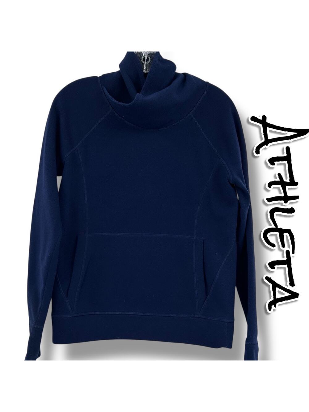 Athleta Hurdle Wrap Neck Pullover Navy Blue Kangaroo Pocket Wool Blend Womens S